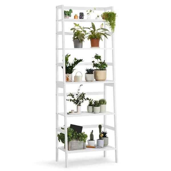 CAPHAUS 58.8 in. Tall White Bamboo 5-Shelf Ladder Bookcase with Slatted Shelves