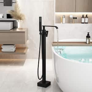 Single-Handle Freestanding Floor Mount Tub Faucet Bathtub Filler with Hand Shower in Black, for Bathroom Use