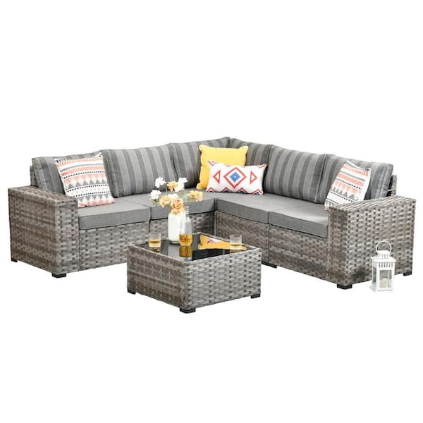 Tahoe Gray 6-Piece Wicker Extra-Wide Arm Outdoor Patio Conversation Sofa Set with Striped Gray Cushions