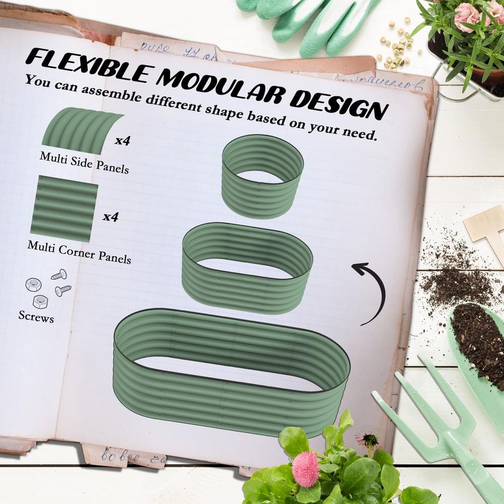 Green Galvanized Steel Raised Garden Bed with Safety Edging