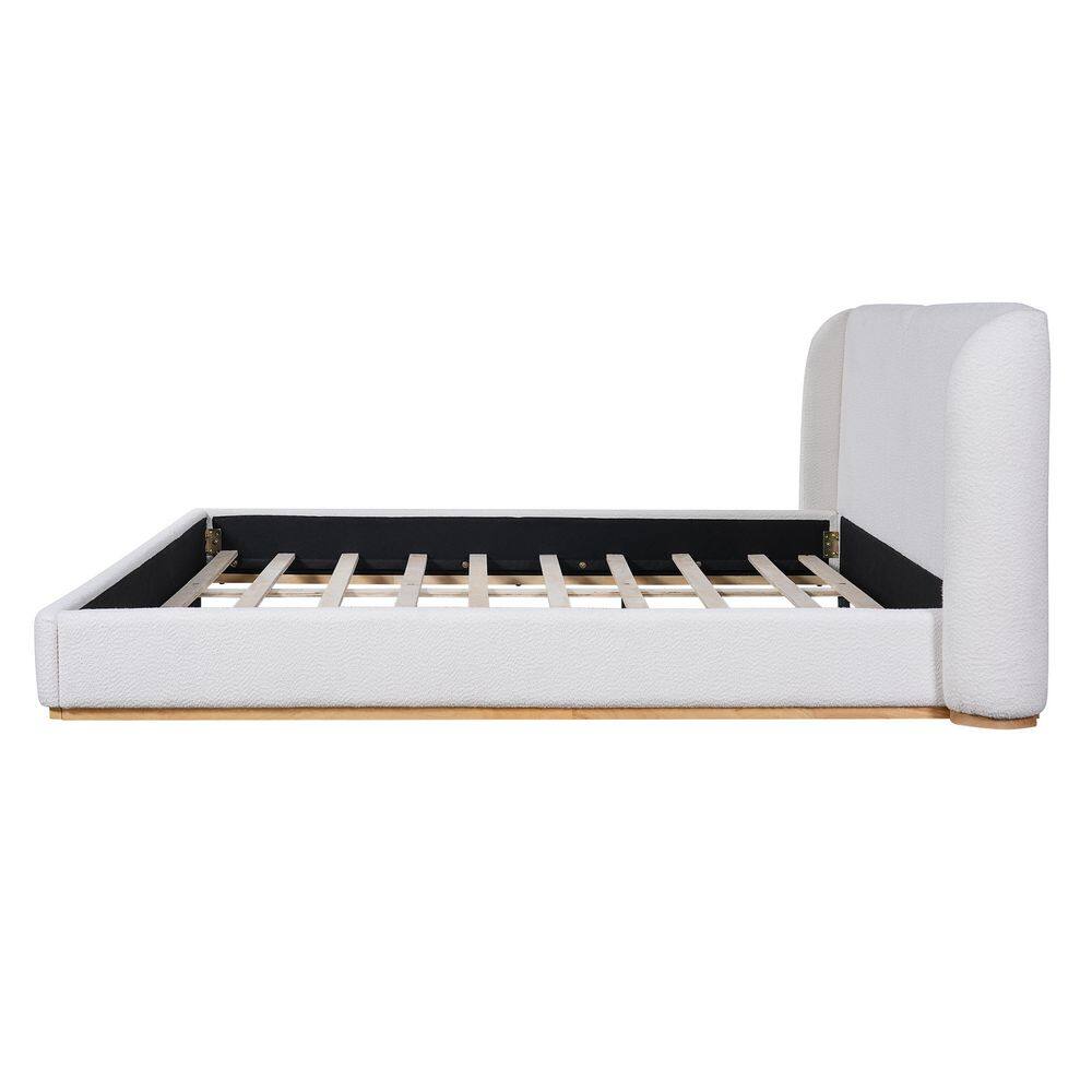 White Wood Frame Queen Size Boucle Upholstered Wingback Headboard Platform Bed with Solid Wood Base - thumbnail 4
