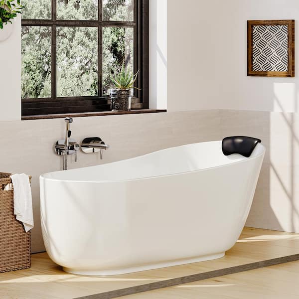 59.05 in. x 29.53 in. Stone Resin Solid Surface Freestanding Soaking Bathtub with Hose, Drain and Pillow in Matte White