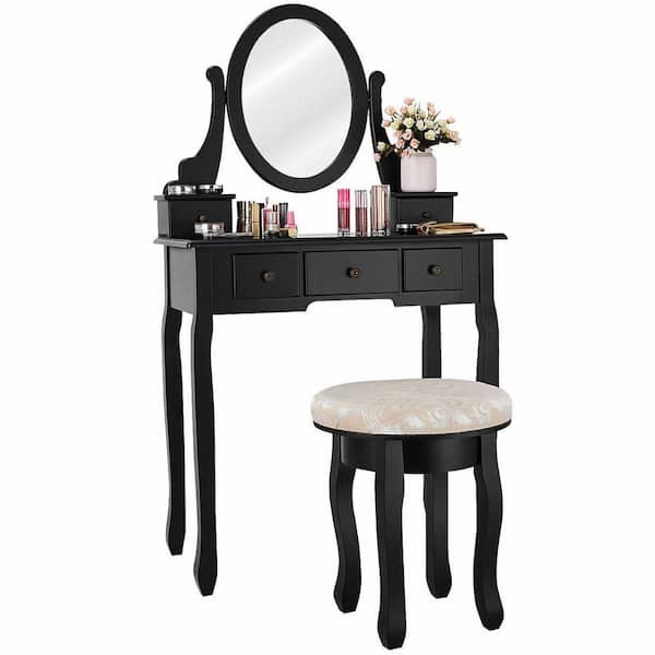 Costway 2-Piece Black Vanity Table Set Bedroom Set Makeup Table Cushioned Stool Mirror with 5-Drawers