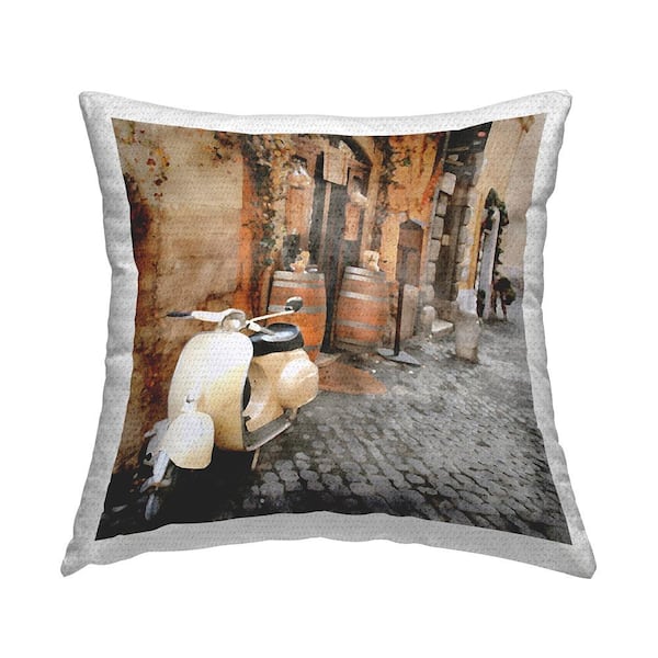 Stupell Industries White Moped on Urban Street Brown Square Outdoor Throw Pillow