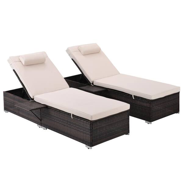 moda furnishings Brown 2-Piece PE Wicker Rattan Outdoor Patio Lazy Chaise Lounge Reclining Chairs set of 2 with Beige Cushions&Side Table