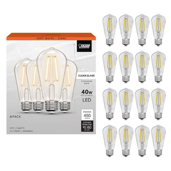 40W Equivalent ST19 Dimmable Straight Filament Clear Glass E26 Vintage Edison LED Light Bulb, Soft White 2700K (16-Pack)