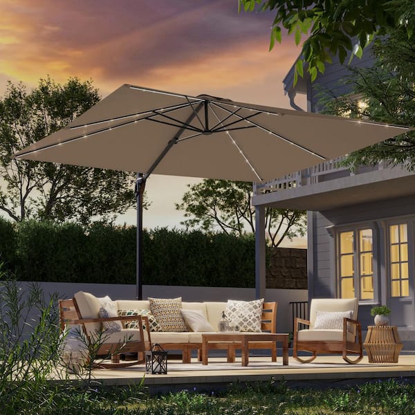 10 x 8 ft. Metal LED Rectangle Cantilever Patio Umbrella Solution-Dyed Fabric and 360° Rotation System in Taupe