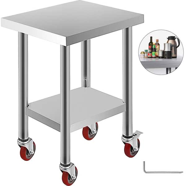 Silver Stainless Steel Rolling Table 24 x 18 x 34 in. Kitchen Prep Table with Wheels and Brake Kitchen Utility Table