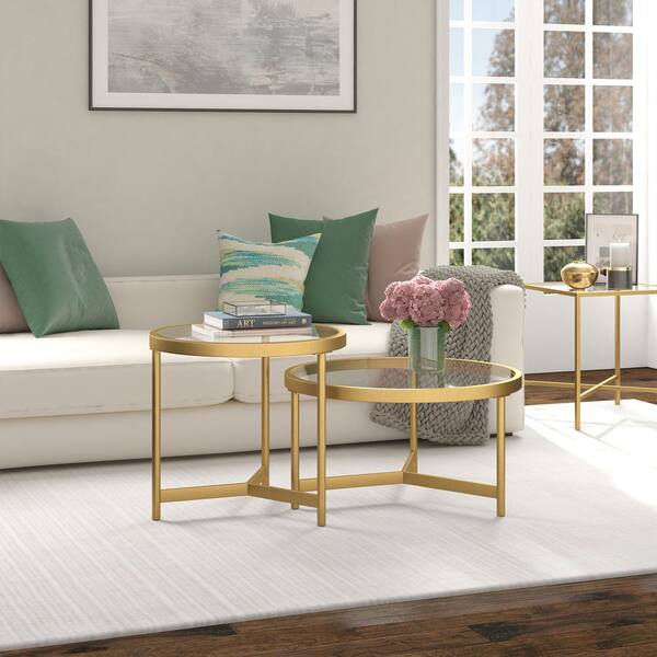 Meyer&Cross Quentin 30 in. Brass Round Glass Two-Piece Coffee Table Set