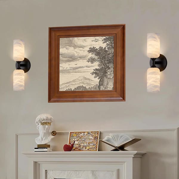 14in. 2-Light Black Modern Natural Alabaster Wall Sconce, Brass Bathroom Sconces for Living Room, Staircase, Hallway