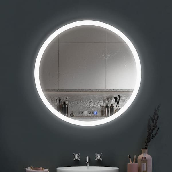 Fab Glass and Mirror LED Lighted Frameless Round Bathroom Wall Mounted LED Mirror 28 in. x 28 in. H and Dimmer Touch Sensor HC28RD - The Home