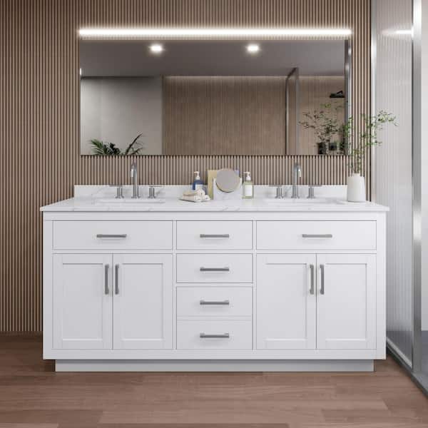 Wyndham Collection Beckett TK 72 in. W x 22 in. D x 35 in. H Double Sink Bath Vanity in White with Brushed Nickel Trim Giotto Quartz Top