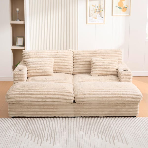 83.5 in. Square Arms Faux Rabbit Fur Fabric Chaise Lounge Sofa in Champagne with 2-Pillows, USB Ports and Cup Holders