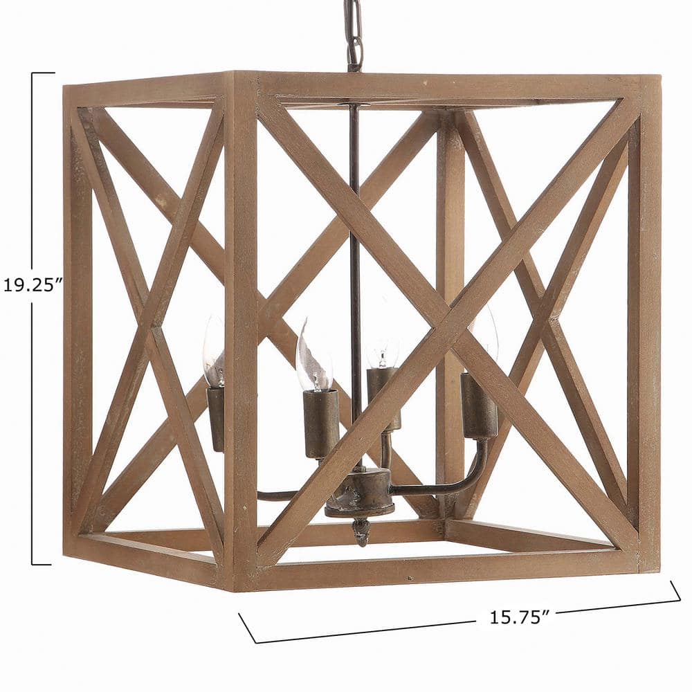 Natural Brown Wood and Metal Cage Chandelier, 4-Bulb