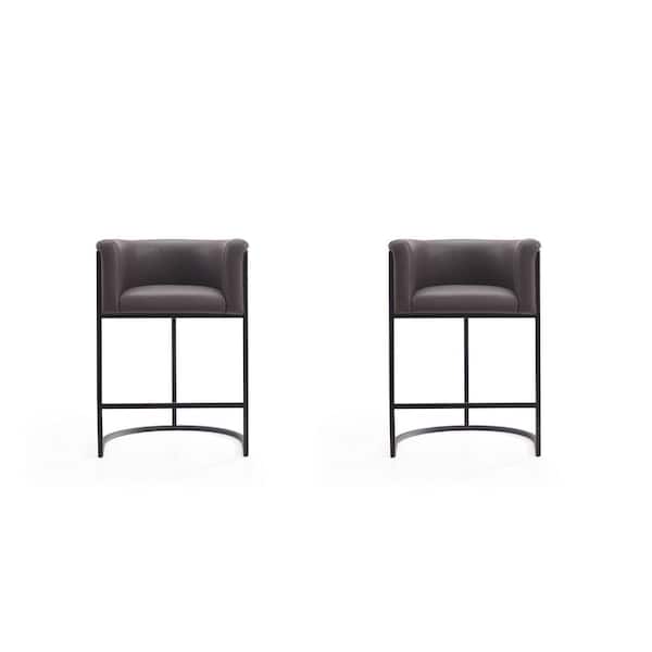 Manhattan Comfort Cosmopolitan 25.5 in. Pebble and Black Metal Counter Stool with Faux Leather Upholstered Seat (Set of 2)
