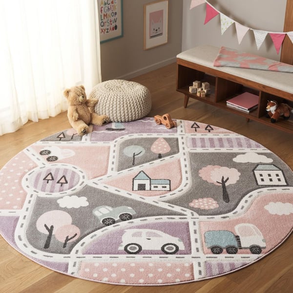 Carousel Kids 7 ft. x 7 ft. Gray/Pink Neighborhood Roads Round Area Rug