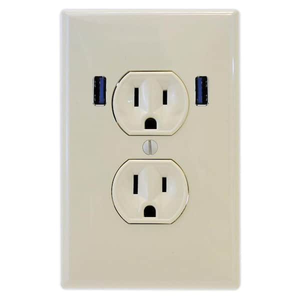 U-Socket 15 Amp Standard Duplex Wall Outlet with 2 Built-in USB Charging Ports - Light Almond