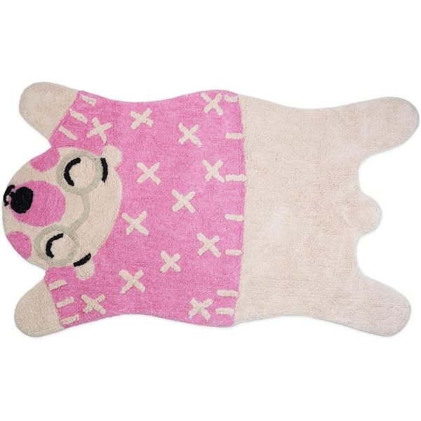 2 ft. x 4 ft. Beige And Pink Bear Youthful Washable Area Rug