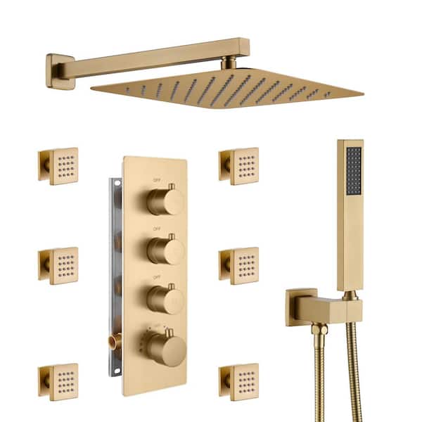 Unbranded Luxury 3-Spray Patterns Thermostatic 12 in. Wall Mount Rainfall Dual Shower Heads with 6-Body Spray in Brushed Golden