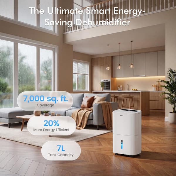 150 pt. 7,000 sq. ft. Dehumidifier in White with Pump, Wi-Fi Enabled, Auto Defrost, Large 14.8 pt. Bucket, 24 H Timer