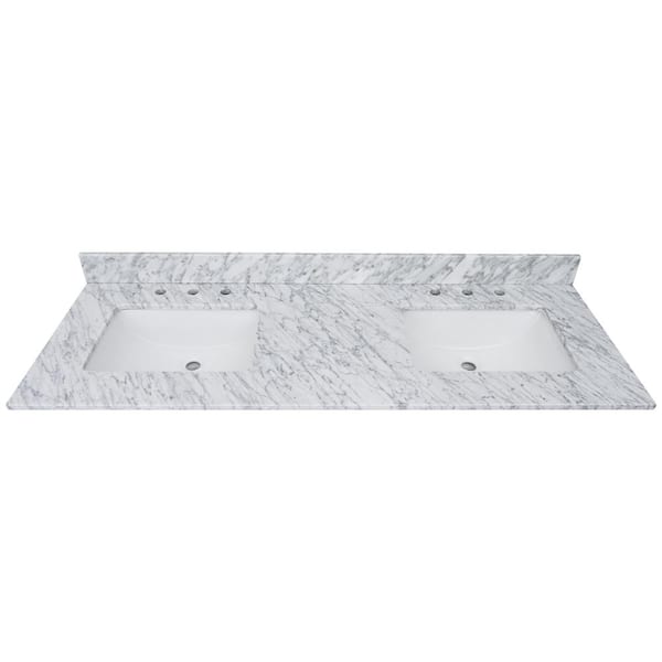 Home Decorators Collection 61 in. W x 22 in. D Bianco Carrara White Marble Double Basin Vanity Top with White Basins