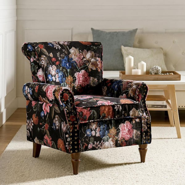 JAYDEN CREATION Auria Traditional Black Polyester Accent Arm Chair with Nailhead Trim and Rolled Arms and Solid Wood Legs