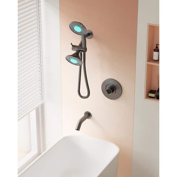 EVERSTEIN 7-Spray Patterns Thermostatic 12 in. Wall Mount Rain Dual Shower Heads with 6-Jet in Brushed Nickel (Valve Included)