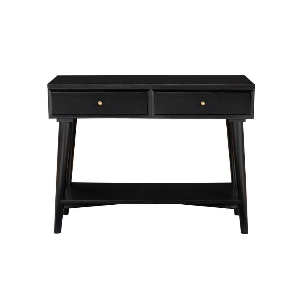 Transitional Mid-Century Black Mahogany Console Table with Storage