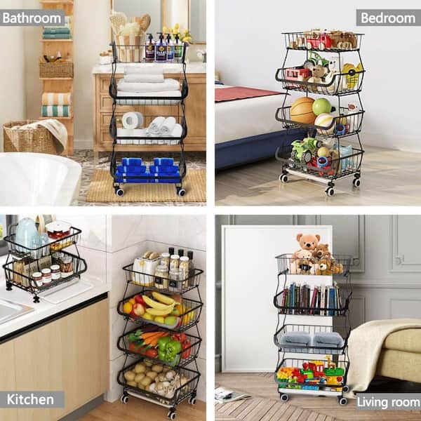Fruit Vegetable Basket, 1Easylife 5 Tier Stackable Metal Wire Basket Cart  with Rolling Wheels, Utility Rack for Kitchen, Pantry, Garage With 2 Free