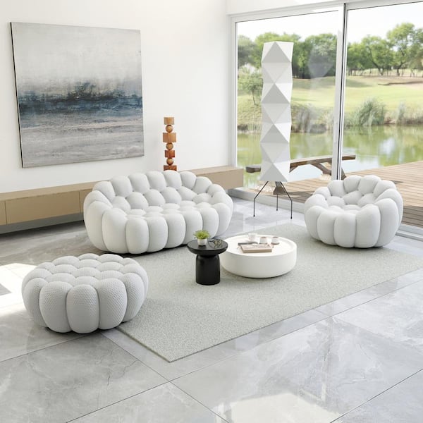 (3-Piece) Bubble Curved Sofa, 78.7 in. Mesh Fabric Floor Loveseat Sectional Sofa Set with Chair and Ottoman in Gray