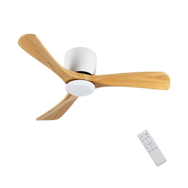 52 in. Modern Noiseless White 6-Speed Solid Wood Brown Blades Flush Mount Standard Ceiling Fan Included Remote Control