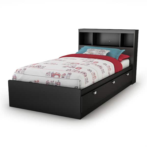 South Shore Spark Twin Mates Bed Frame and Bookcase Headboard in Pure Black