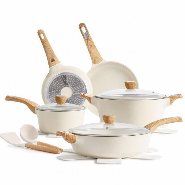 14-Piece White Ceramic Cookware Set, Pots and Pans Set Non Stick with Frying Pans Set, PFAS PTFE PFOA PFOS Free