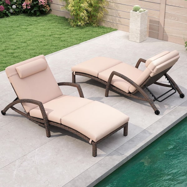 DENISLAWN Brown Rattan Chaise Lounges (Set of 2), Wicker Outdoor Patio Pool Chaise Lounge Chair, with Khaki Cushion