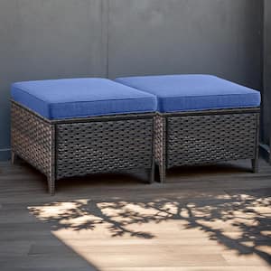 Brown Wicker Outdoor Ottoman with Blue Cushions (2-Pack)