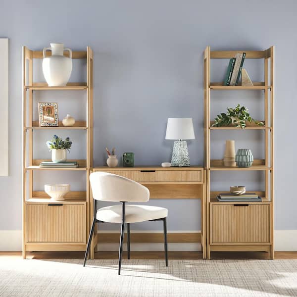 Walker Edison Furniture Company Transitional Coastal Oak Reeded 38 in. Writing Desk with 2 Narrow Modern Bookcases (3-Piece)