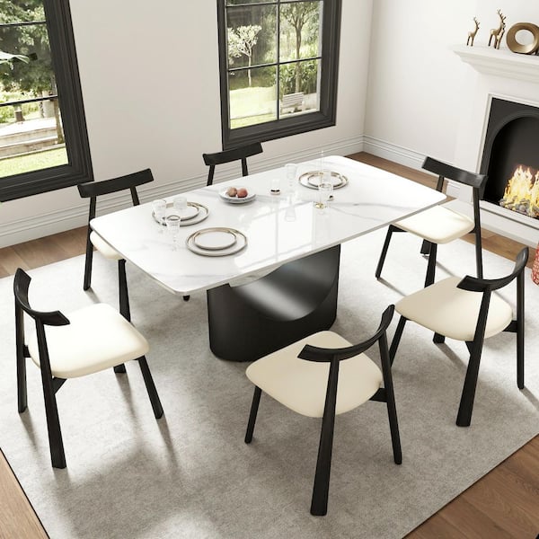 White Microfiber Leather Dining Chair (Set of 6), Upholstered Side Chairs with Wood Legs for Dining Room