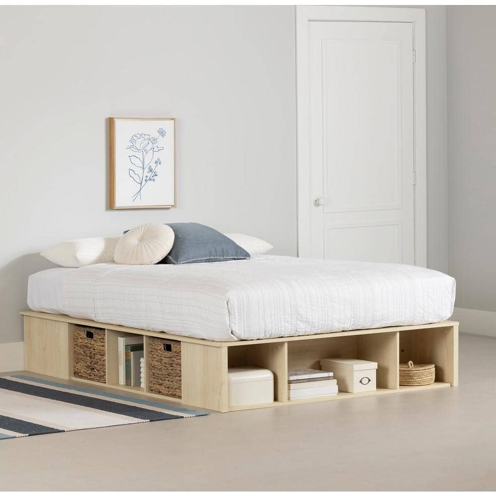 Bleached Oak Full Captain's Bed with Storage and Wicker Baskets
