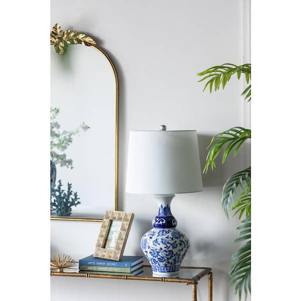 27.6 in. Blue Ceramic Modern Integrated LED Table Lamp for Living Room and Bedroom with White Metal Shade