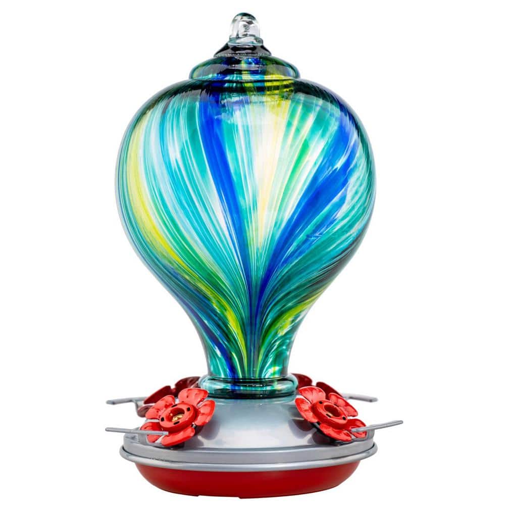 Convenient Ocean Surf Glass Hanging Humming Bird Nectar Feeder-32 oz. with 