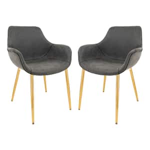 Markley Modern Leather Dining Arm Chair With Gold Metal Legs Set of 2 in Charcoal Black