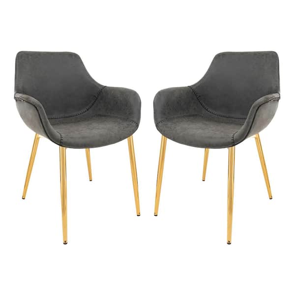 Leisuremod Markley Modern Leather Dining Arm Chair With Gold Metal Legs Set of 2 in Charcoal Black