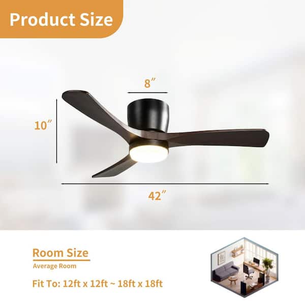 42 in. Integrated LED Indoor Flush Mount Matte Black Standard Ceiling Fan with Dimmable Light and Remote DC Motor
