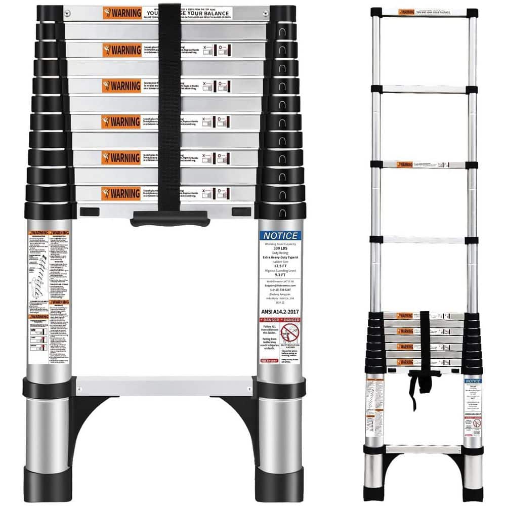 12.5 ft. Aluminum Telescoping Extension Ladder with Button Retraction ...