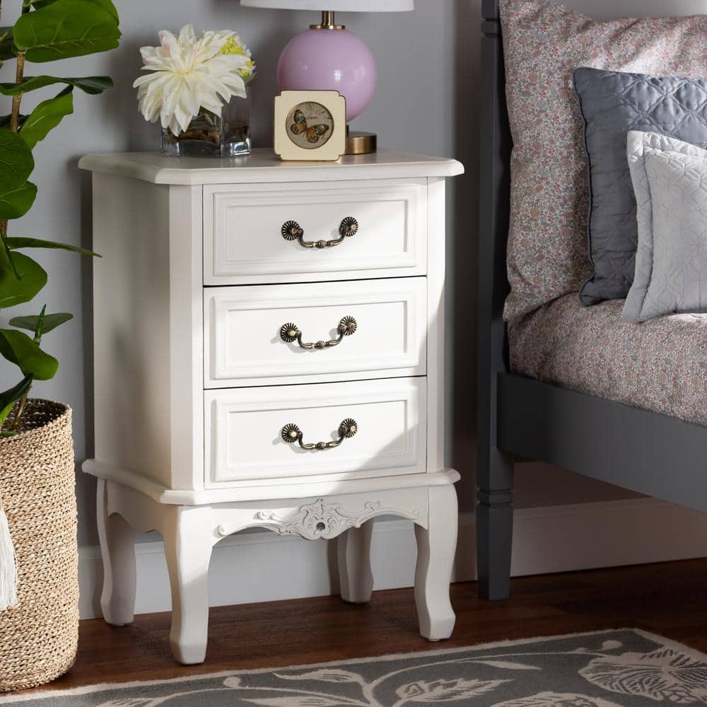 White 3-Drawer French Country Wood Nightstand