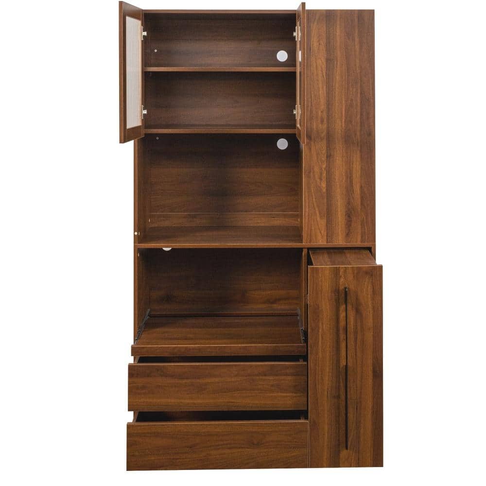 Walnut 70.87 in. Tall Accent Cabinet Office Storage Cabinet with 4 Shelves and 2 Drawers, Glass Door, Microwave Stand
