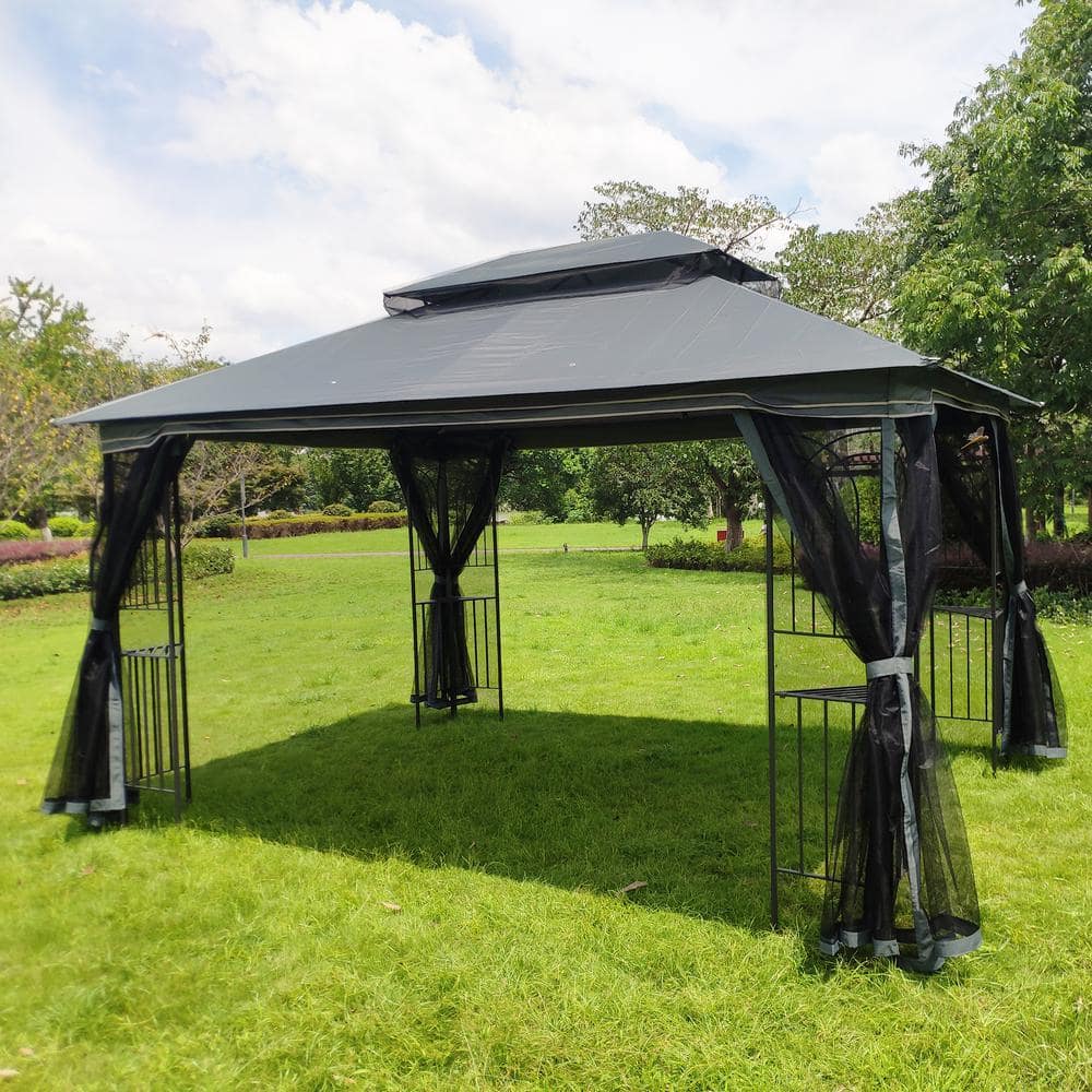 Gray 13x10ft Metal Patio Gazebo Canopy Tent with Mosquito Net