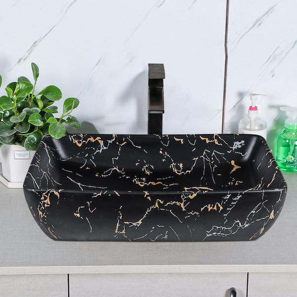 Maincraft Marble Black Ceramic Rectangular Vessel Bathroom Sink