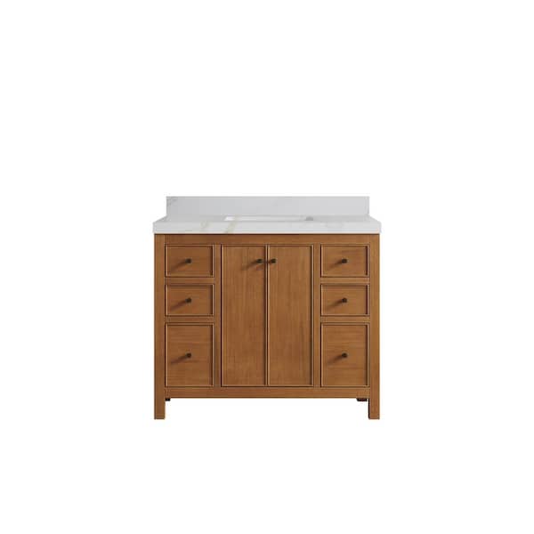 Willow Collections Chicago Veneer 42 in. Single Sink Freestanding Dark Natural Bath Vanity with Calacatta Sienna Qt. Top Unassembled