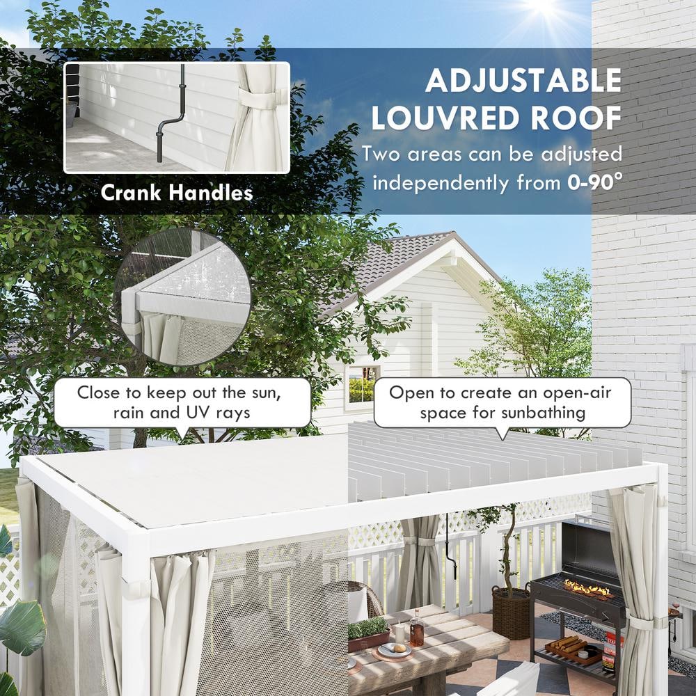 White Aluminum Outdoor Pergola with Adjustable Canopy and Curtains
